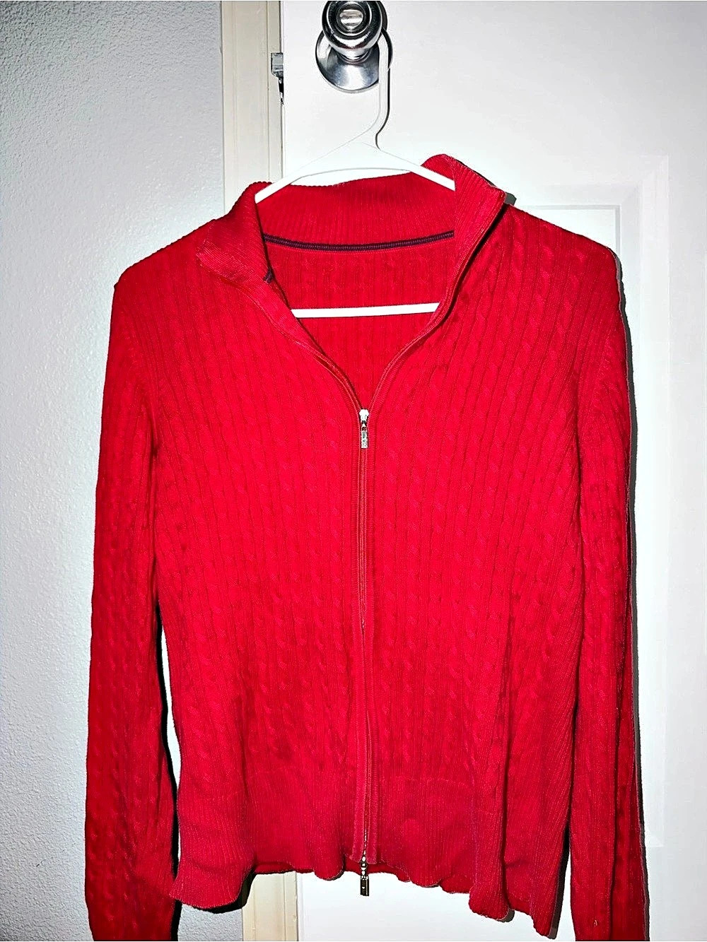 Tommy Hilfiger Cable Knit Full Zip Mock Neck Cardigan Red